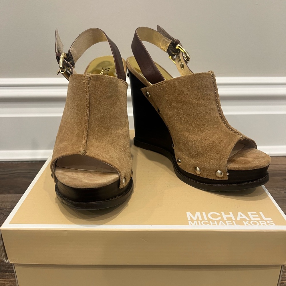 Michael Kors Belinda Suede Open-Toe Wedge Sandals with Gold Hardware